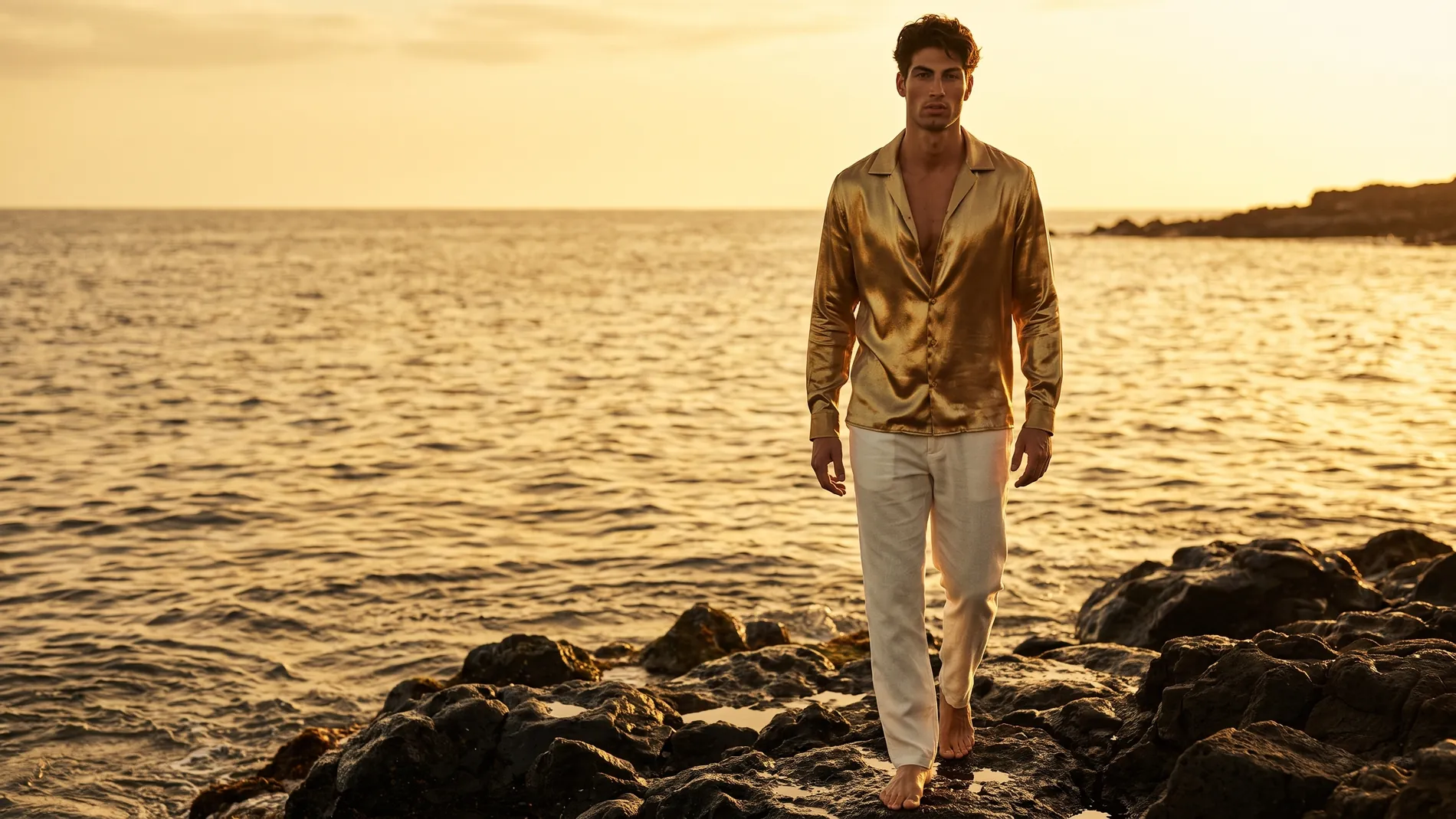Latin man walking on dark volcanic rocks by the sea at golden hour in an open liquid gold satin shirt and ivory linen trousers