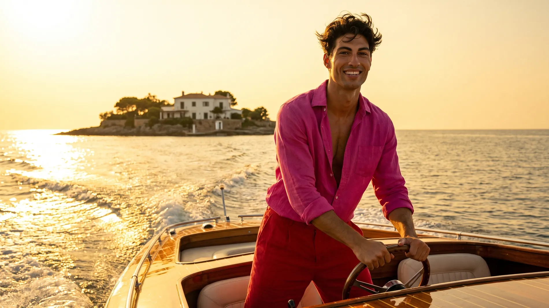 Smiling Latin man at the wheel of a classic wooden speedboat in a bougainvillea pink linen shirt and cherry red trousers, an island villa behind him