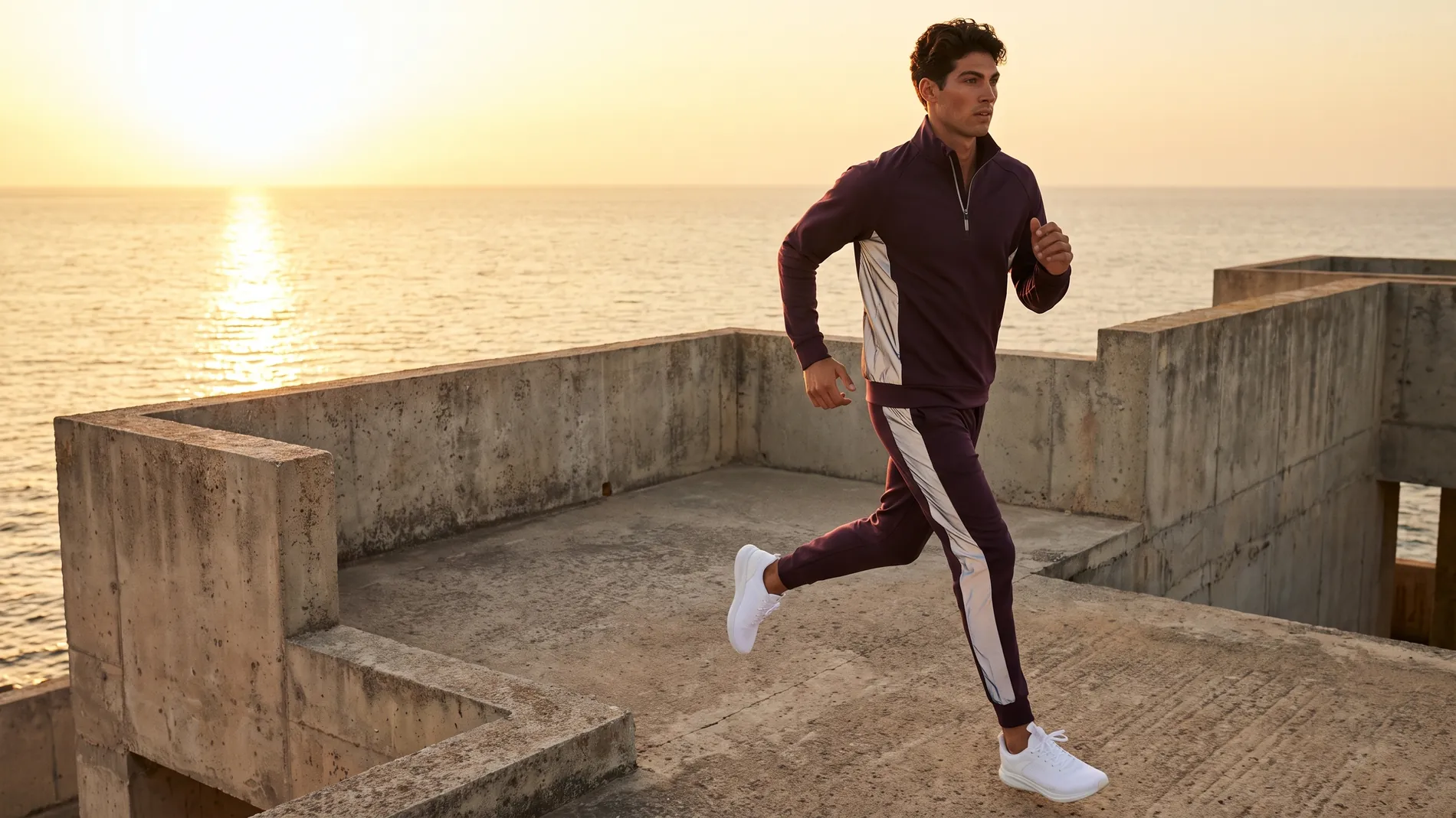 Latin man in a plum activewear set with reflective silver panels running on a concrete terrace above the sea at golden hour