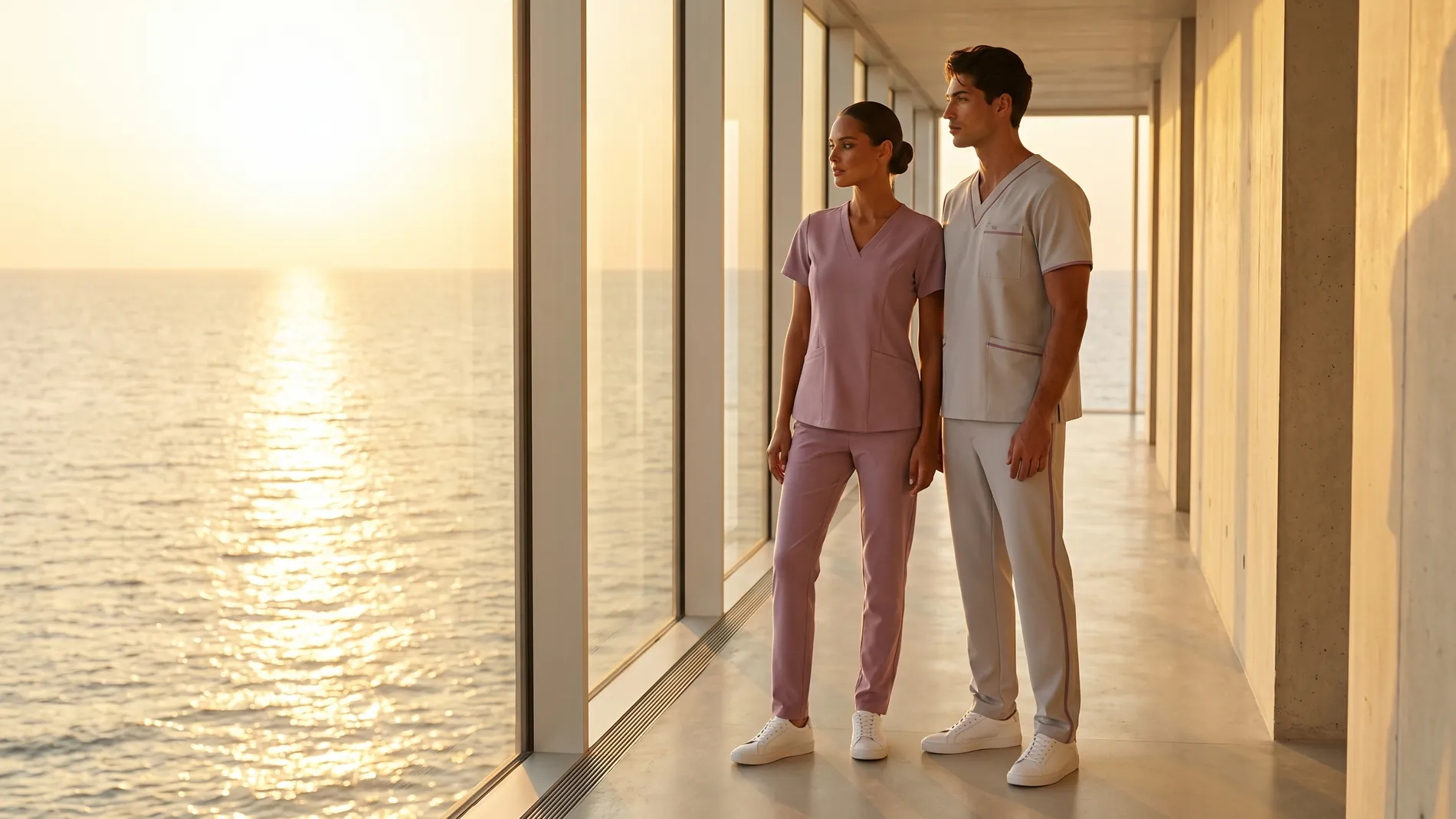 Woman and man in mauve and pearl grey designer scrubs by a window over a golden sea