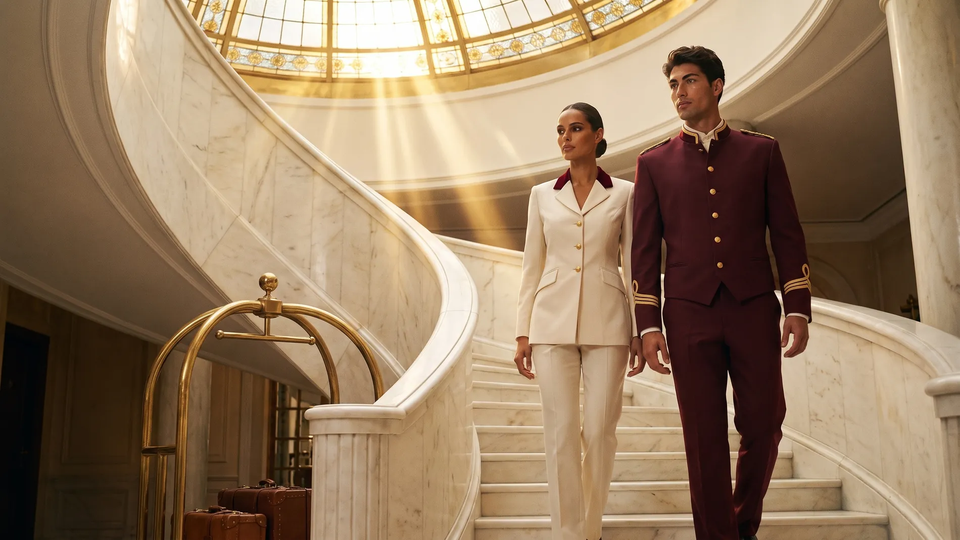 Hotel concierge couple in ivory and burgundy uniforms on a spiral marble staircase