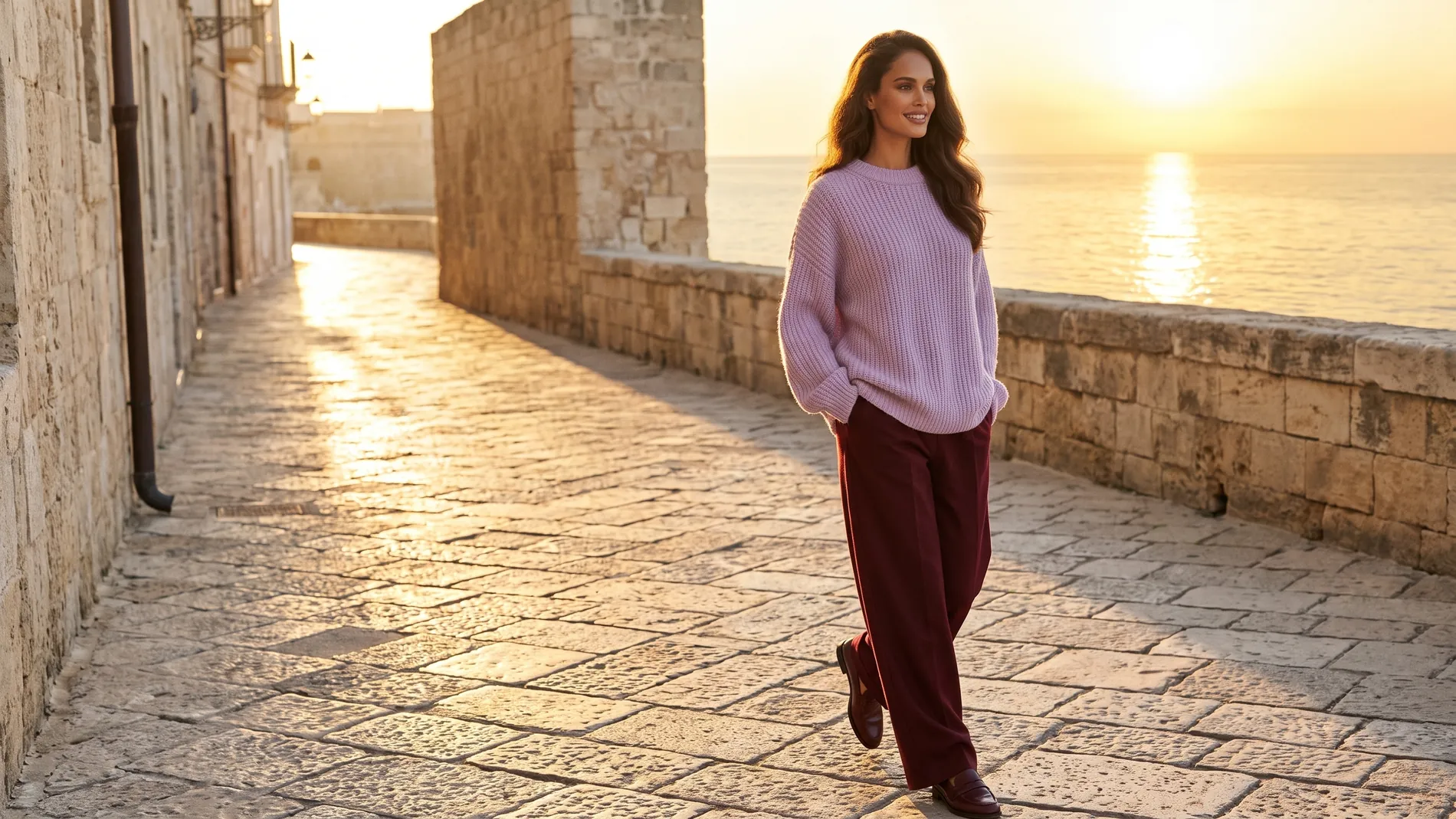 Smiling Latin woman walking along a stone seafront street at golden hour in an oversized lilac knit sweater and wide-leg burgundy trousers