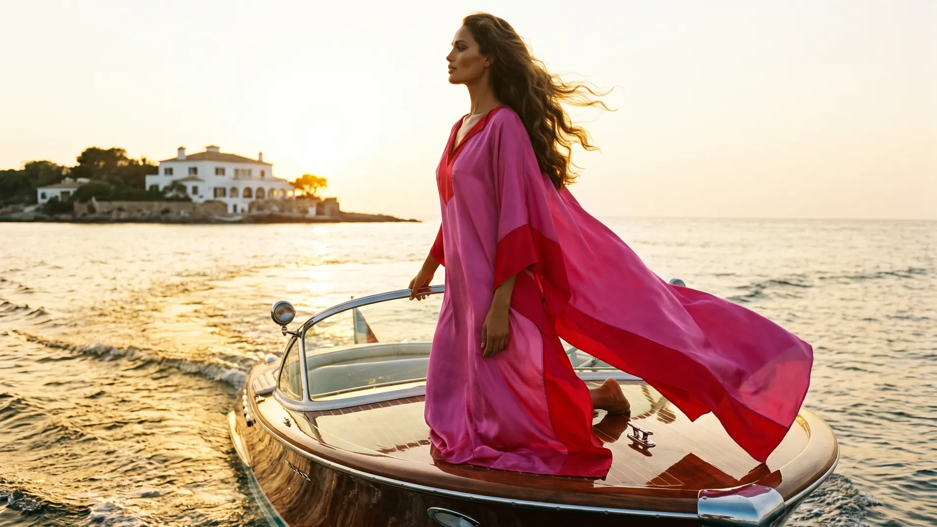 Latin woman at the bow of a classic wooden speedboat arriving at an island villa, her bougainvillea pink and cherry red silk kaftan streaming in the wind over a golden sea