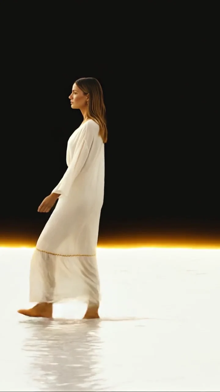 Modelo con vestido de lino marfil caminando en el horizonte