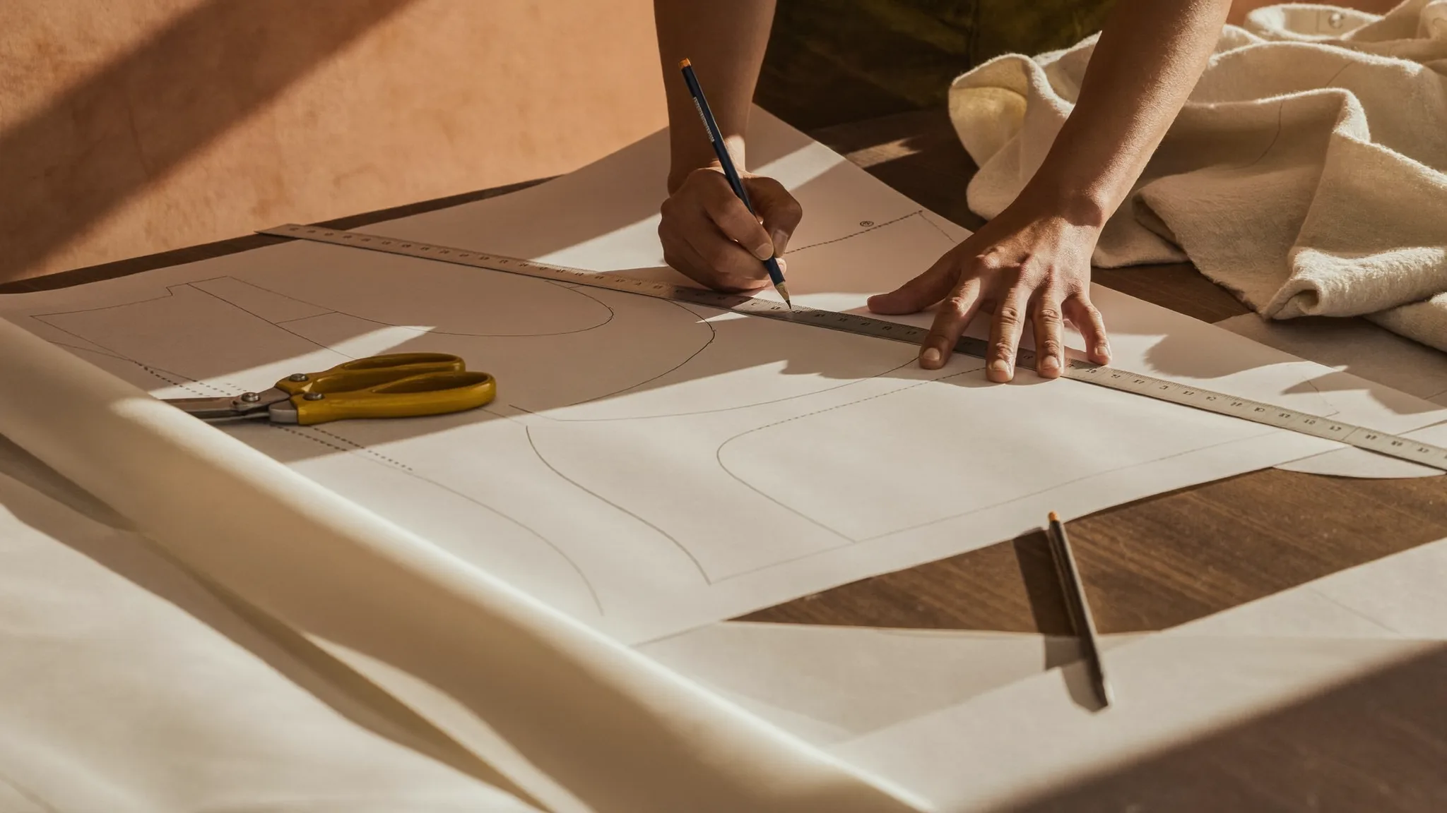 Pattern maker tracing a curve on paper patterns in the Tulum Fashions development studio, Medell&iacute;n