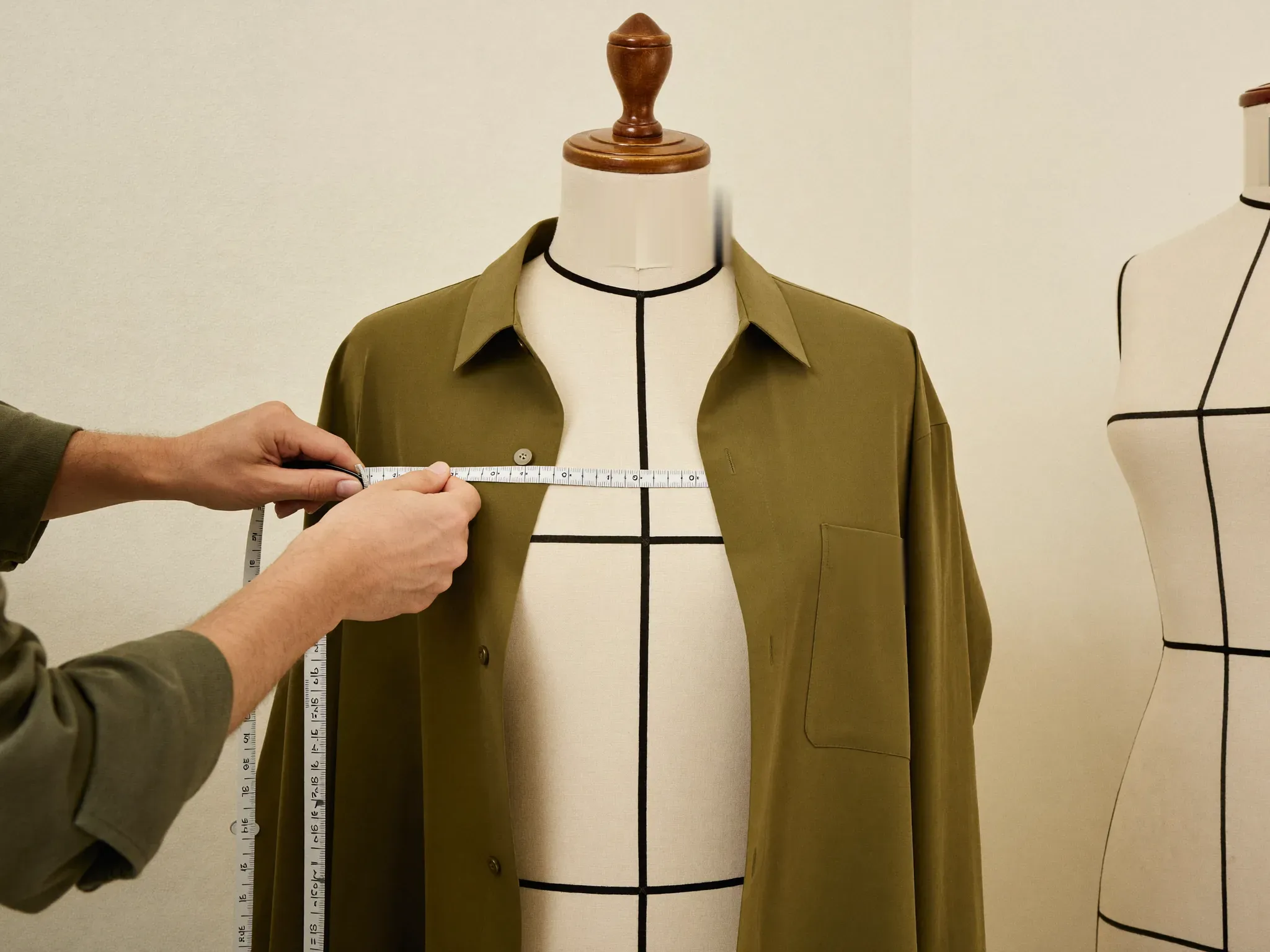 Quality control specialist measuring an olive resort shirt on a dress form with a measuring tape
