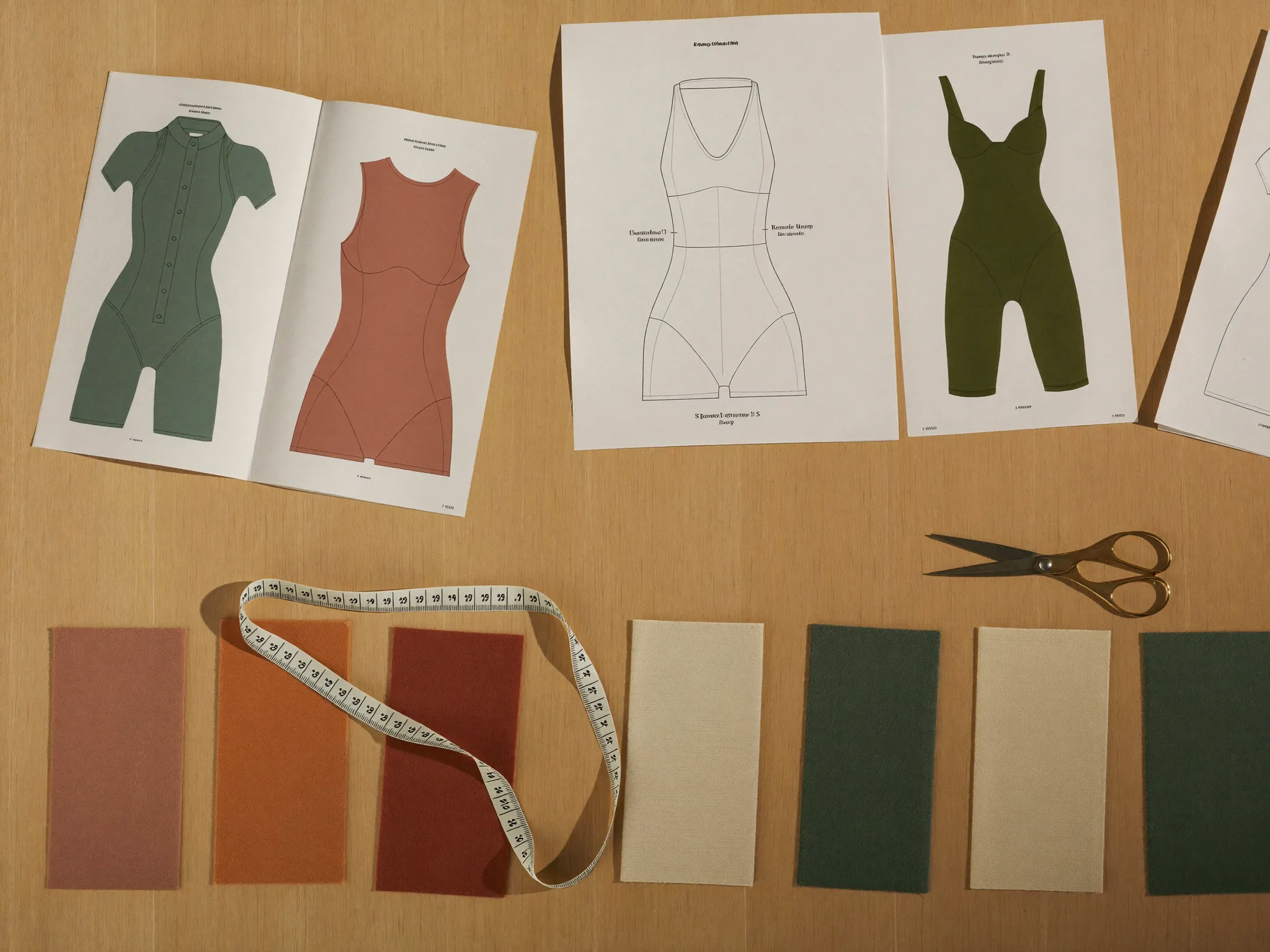 Technical garment sketches and fabric swatches in sage, terracotta and sand on a development desk