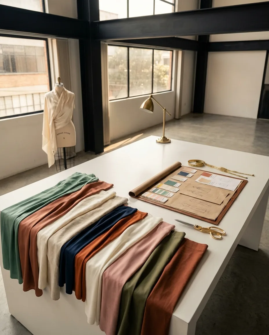 Tulum Fashions product development table — premium fabric palette, mood board, brass scissors and dress form in Medellín atelier