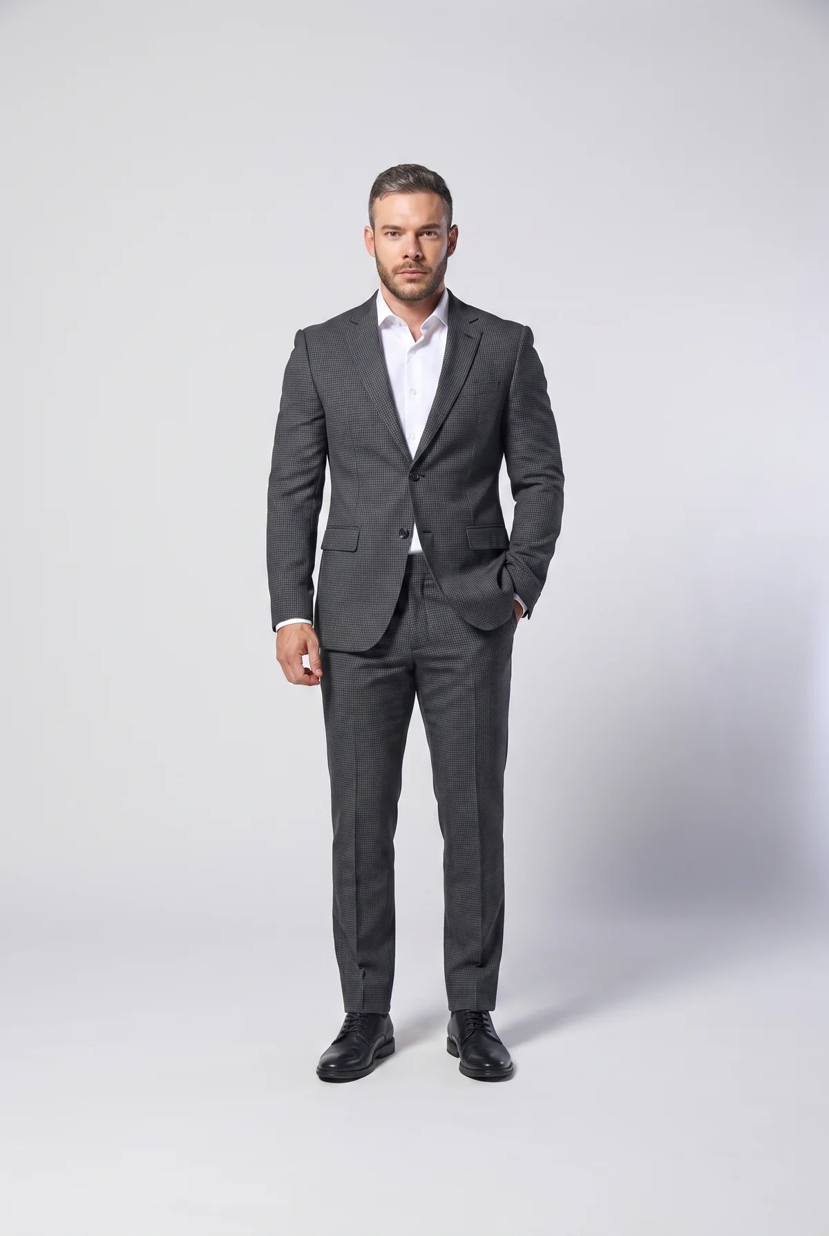 Charcoal micro-check slim fit blazer and tailored trousers