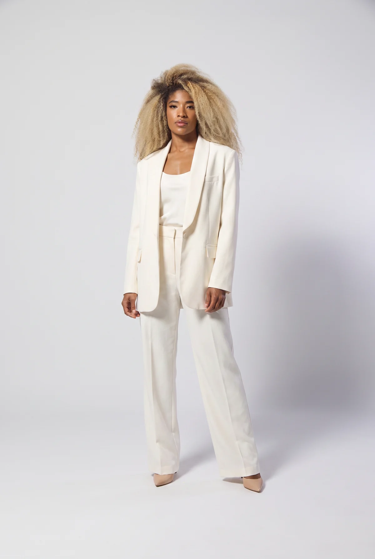 Ivory oversized blazer with wide-leg trousers, womenswear tailoring