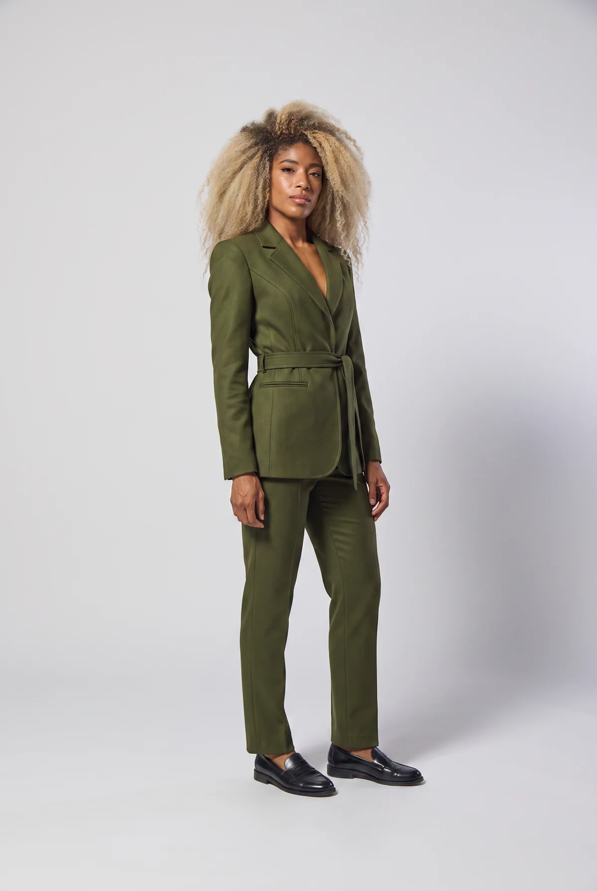 Olive belted tailored blazer and straight-leg trousers