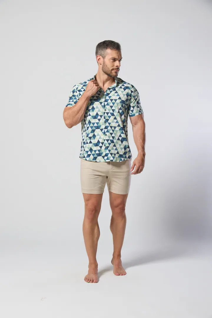 Men · Resort: Printed camp shirt, Teal geometric, front view