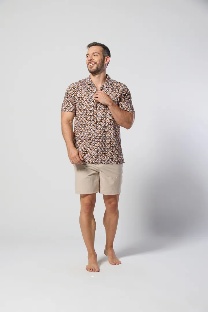 Men · Resort: Printed camp shirt, Brown, front view