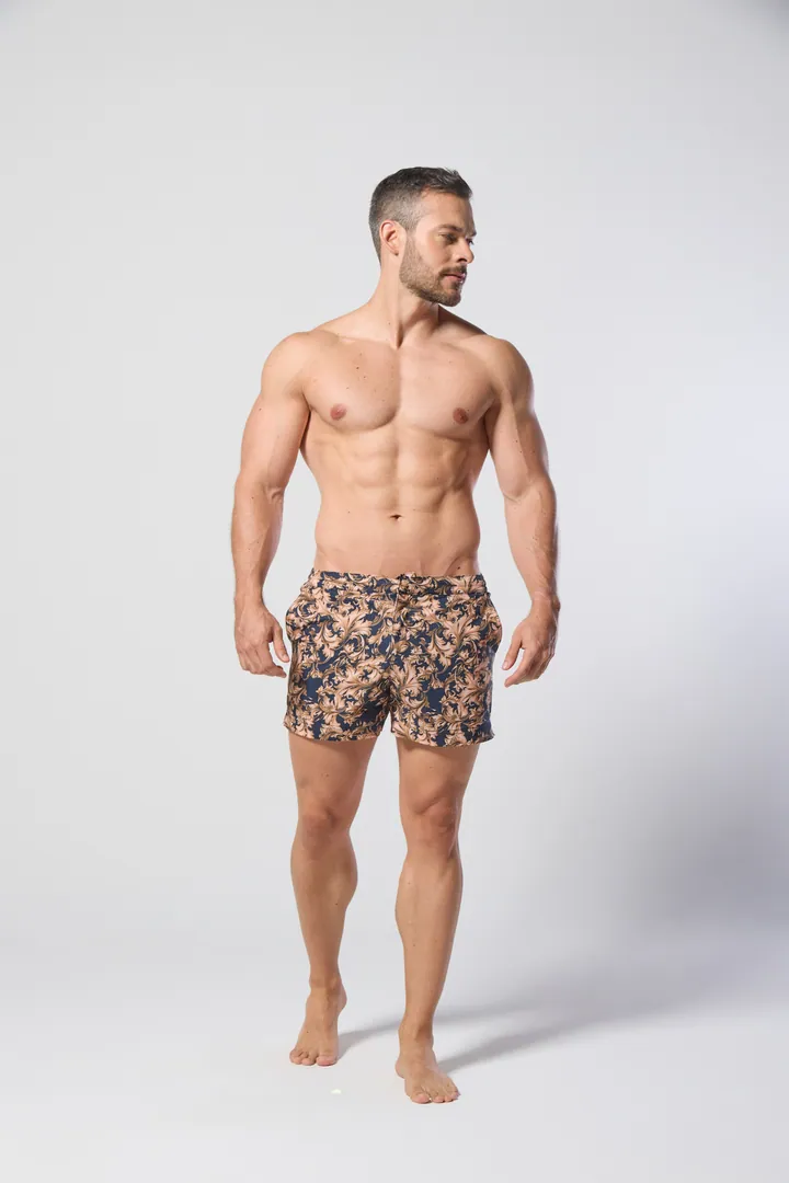 Men · Swimwear: Printed swim short, Brown abstract, front view