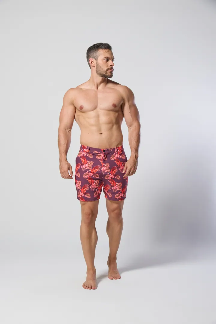 Men · Swimwear: Printed swim short, Red tropical, front view