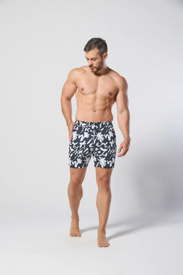 Men · Swimwear: Printed swim short, Navy & white, front view