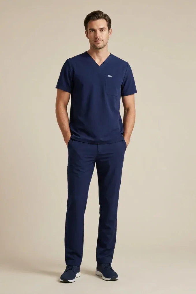 Programs · Medical scrubs: Men's V-neck scrub set, Navy, front view