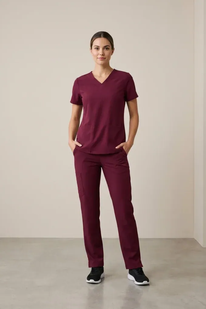 Programs · Medical scrubs: Women's V-neck scrub set, Burgundy, front view