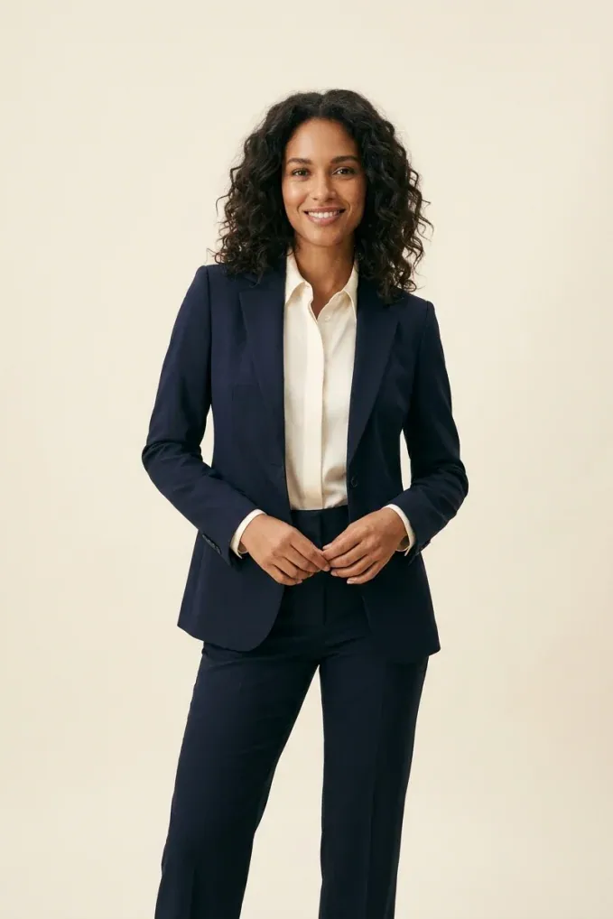 Programs Uniforms: Women's blazer & trousers, Navy, front view
