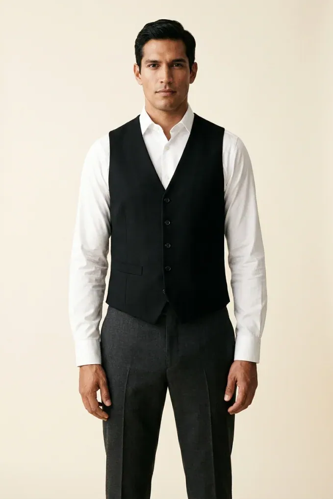 Programs · Uniforms: Men's vest & shirt, Black & white, front view