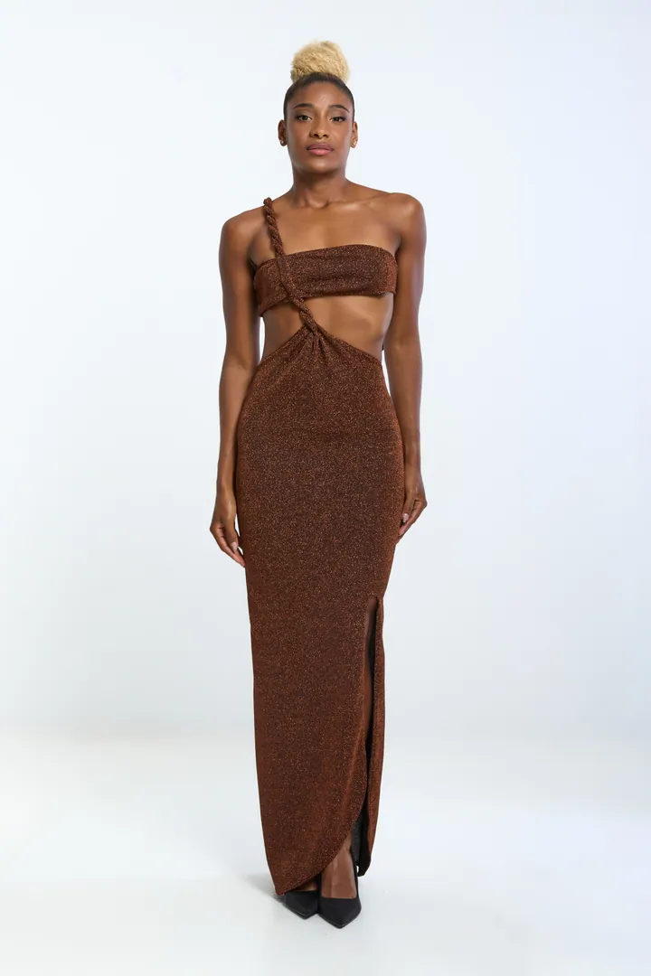 Women · Resort: Cut-out maxi dress, Shimmer copper, front view