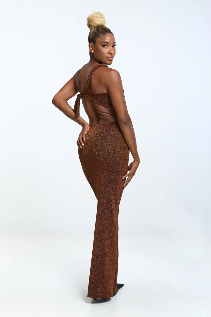 Women · Resort: Cut-out maxi dress, Shimmer copper, side view