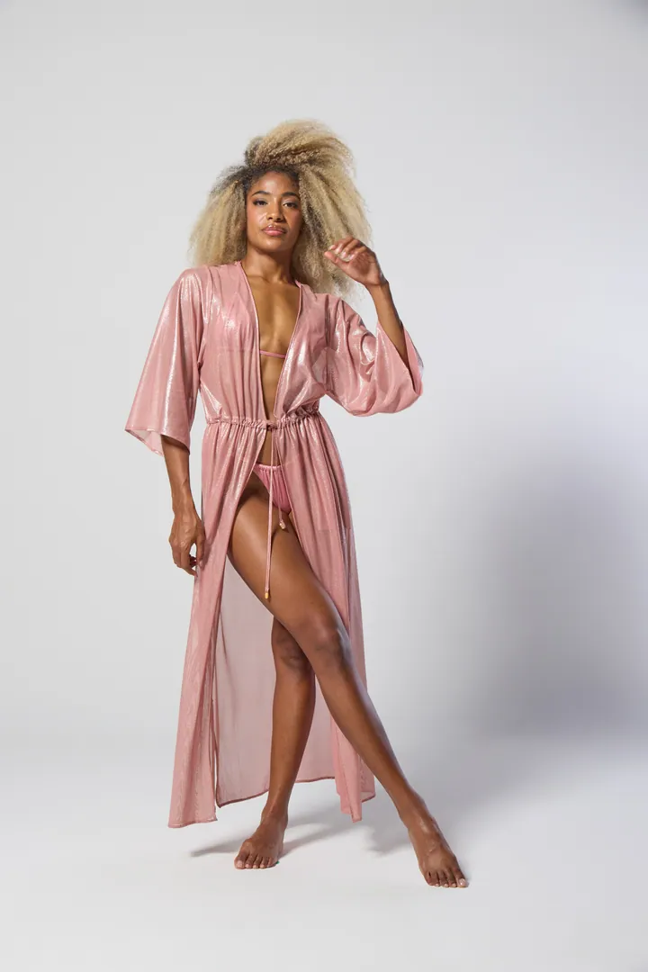Women · Resort: Sheer kimono cover-up, Metallic pink, side view