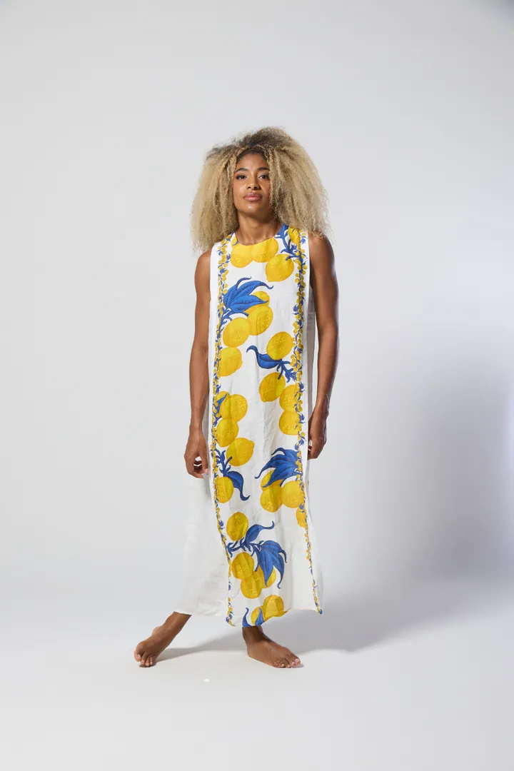 Women · Resort: Long cover-up with lemon panel, White, front view