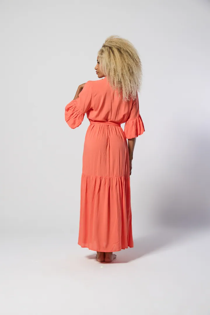 Women · Resort: Bell-sleeve shirt maxi dress, Coral, back view
