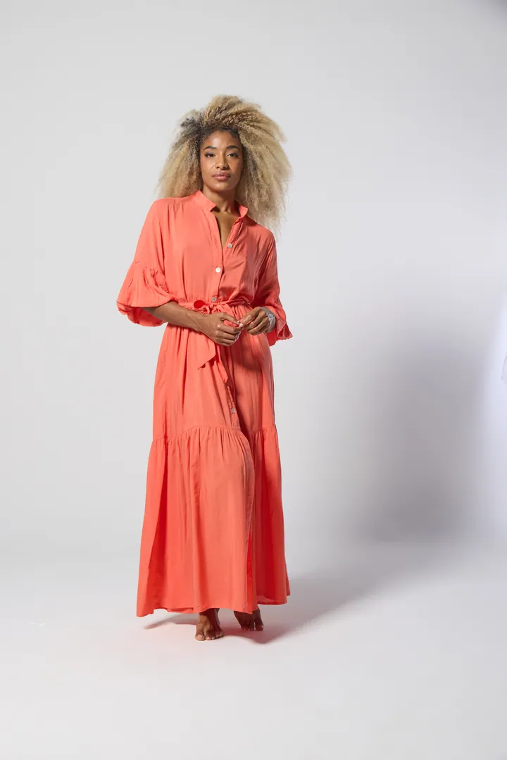 Women · Resort: Bell-sleeve shirt maxi dress, Coral, front view
