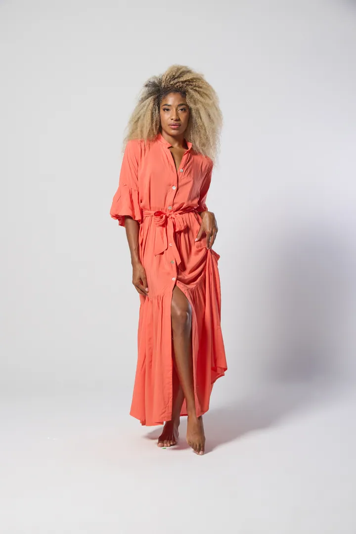 Women · Resort: Bell-sleeve shirt maxi dress, Coral, side view