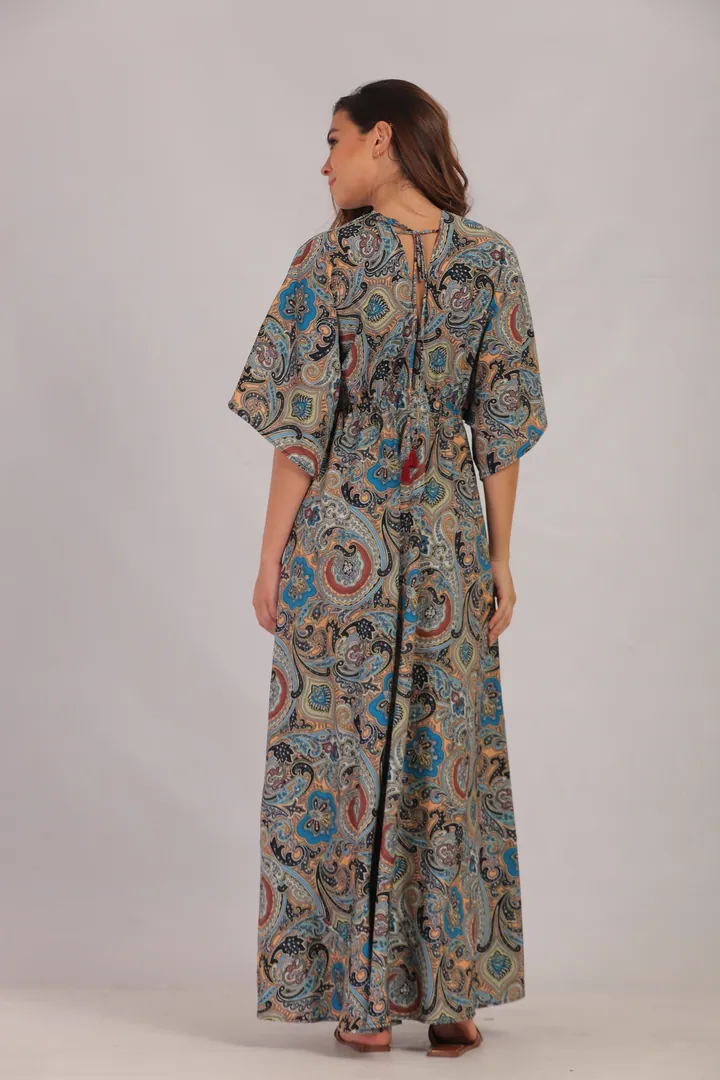 Women · Resort: Paisley kaftan maxi dress, Grey & blue, back view