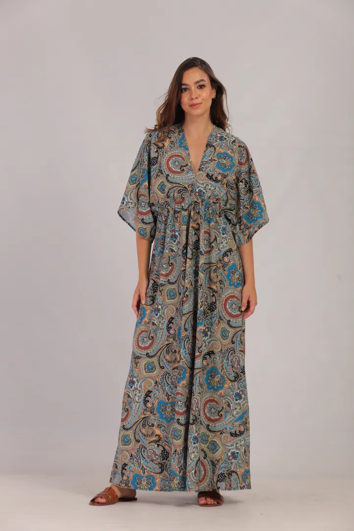 Women · Resort: Paisley kaftan maxi dress, Grey & blue, front view