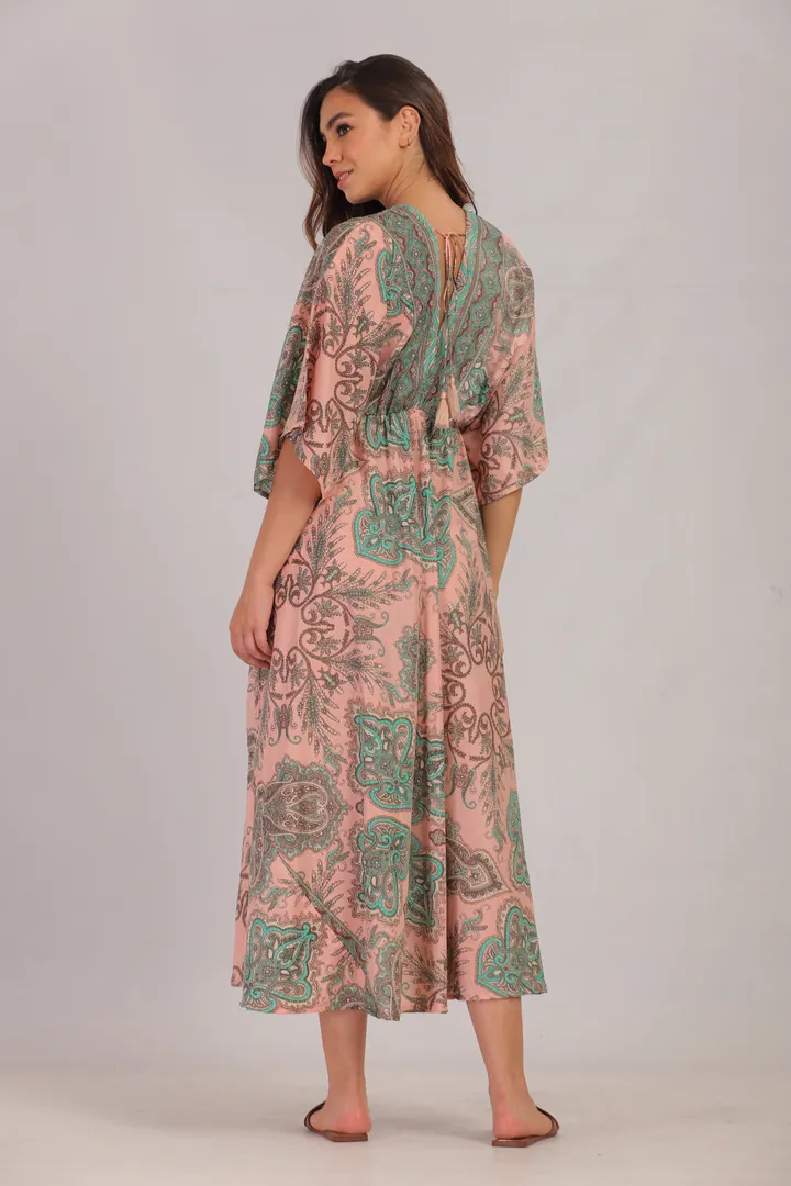 Women · Resort: Paisley kaftan midi dress, Blush & green, back view