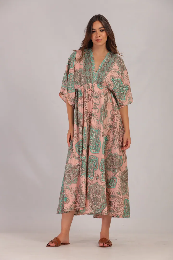 Women · Resort: Paisley kaftan midi dress, Blush & green, front view
