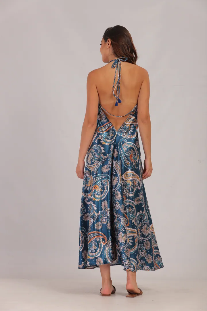 Women · Resort: Halter maxi dress, Petrol blue paisley, back view