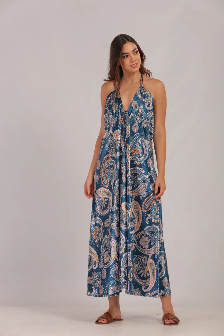 Women · Resort: Halter maxi dress, Petrol blue paisley, front view