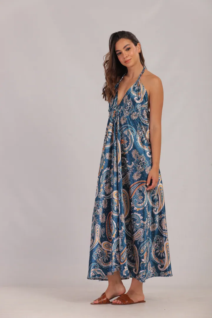 Women · Resort: Halter maxi dress, Petrol blue paisley, side view