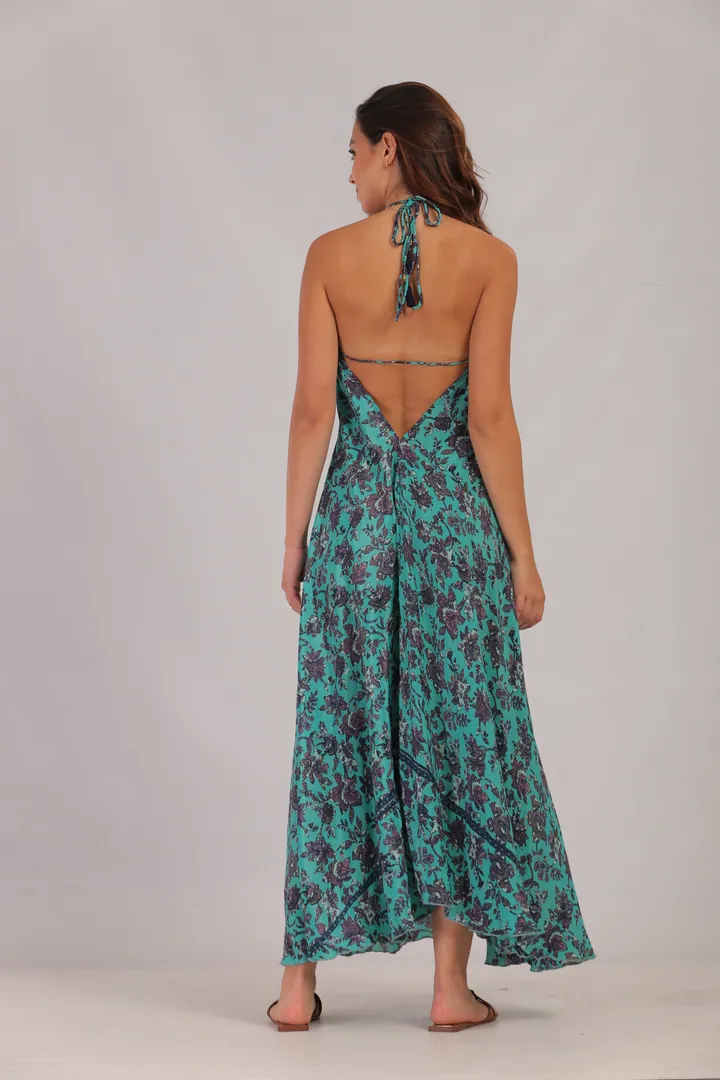 Women · Resort: Open-back halter maxi dress, Turquoise floral, back view