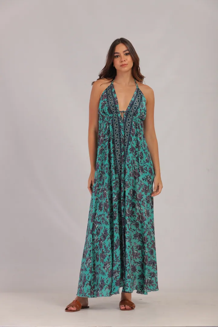 Women · Resort: Open-back halter maxi dress, Turquoise floral, front view