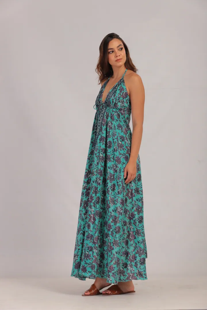 Women · Resort: Open-back halter maxi dress, Turquoise floral, side view
