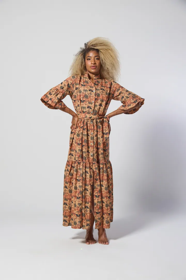 Women · Resort: Tiered shirt maxi dress, Terracotta floral, front view