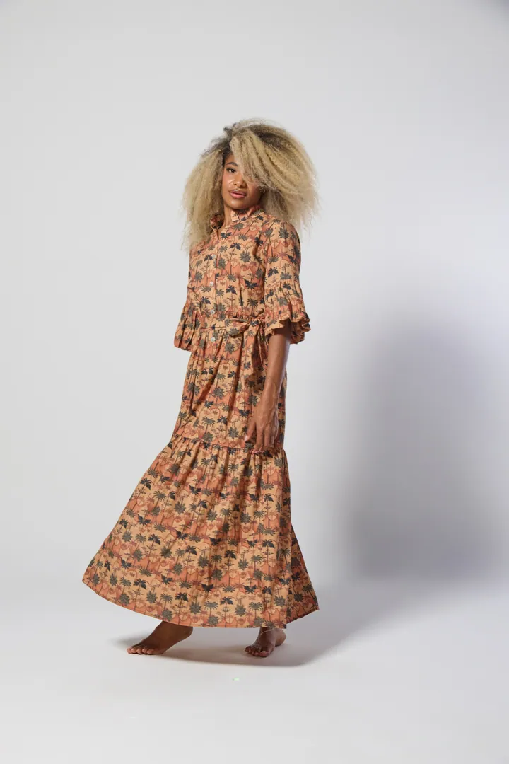 Women · Resort: Tiered shirt maxi dress, Terracotta floral, side view