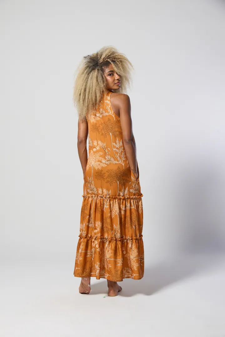 Women · Resort: Tiered halter maxi dress, Burnt orange print, back view