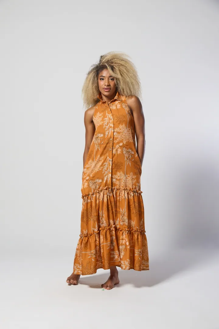 Women · Resort: Tiered halter maxi dress, Burnt orange print, front view