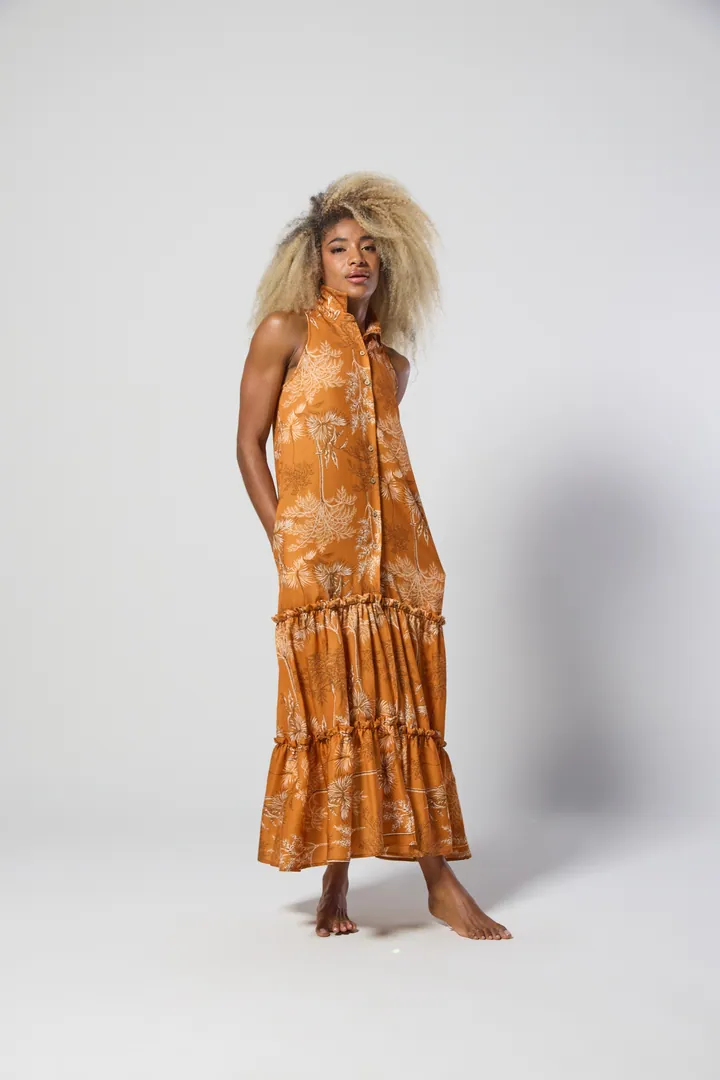 Women · Resort: Tiered halter maxi dress, Burnt orange print, side view