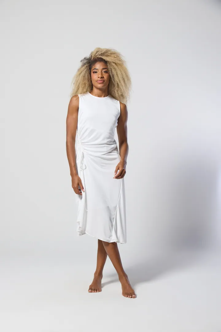 Women · Resort: Side-drape midi dress, White, front view