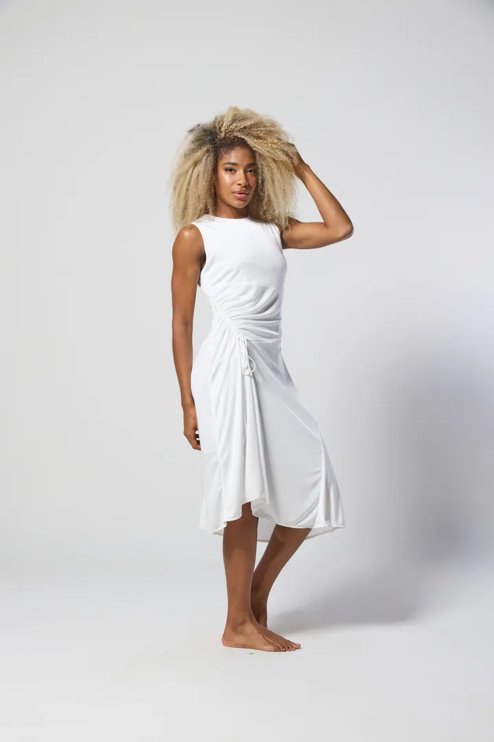 Women · Resort: Side-drape midi dress, White, side view