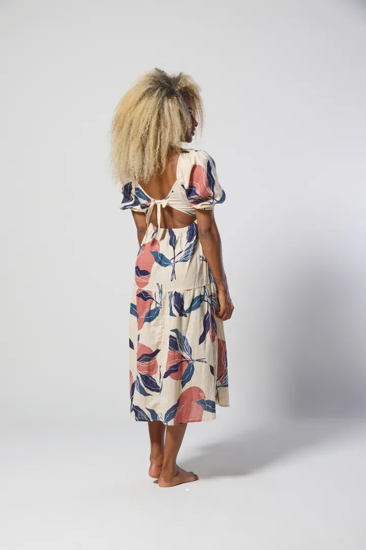 Women · Resort: Puff-sleeve midi dress, Cream & navy floral, back view