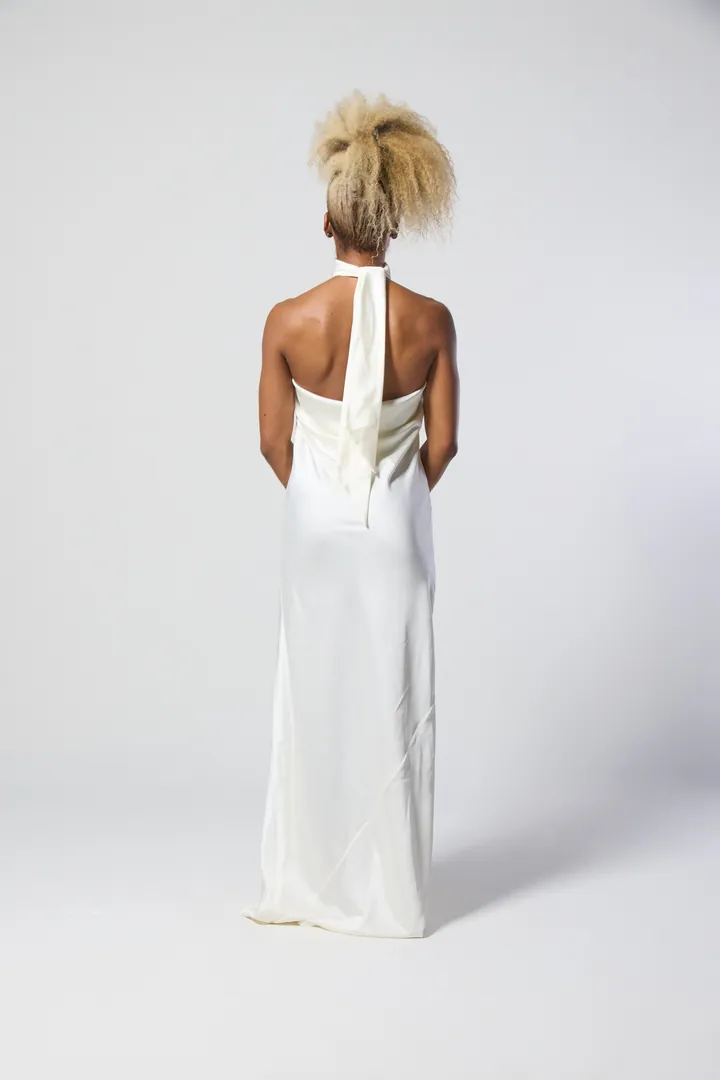 Women · Resort: Satin halter maxi dress, Ivory, back view
